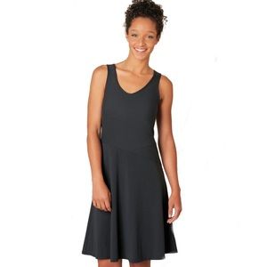 Prana women’s Amelie A-line v-neck dress with asymmetrical blocking at waist